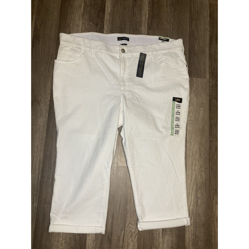 Lee Mid Rise Flex Motion 24W White Denim Capris 5 Pockets Stretch New